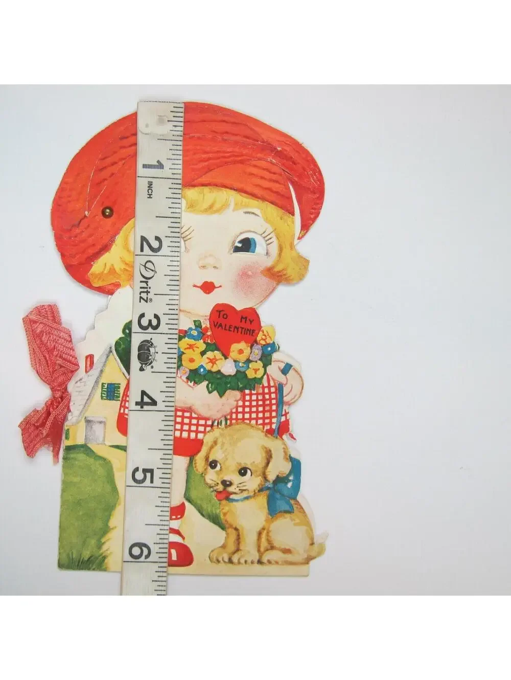 Vintage Valentine Mechanical Red Hat Blonde Girl Puppy Dog LARGE Story Book RARE
